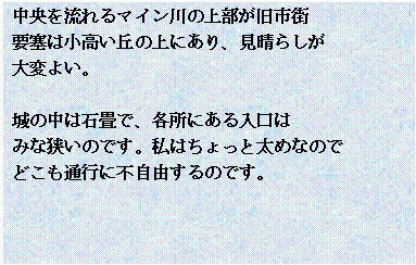 テキスト ボックス: 中央を流れるマイン川の上部が旧市街
要塞は小高い丘の上にあり、見晴らしが
大変よい。
城の中は石畳で、各所にある入口は
みな狭いのです。私はちょっと太めなので
どこも通行に不自由するのです。